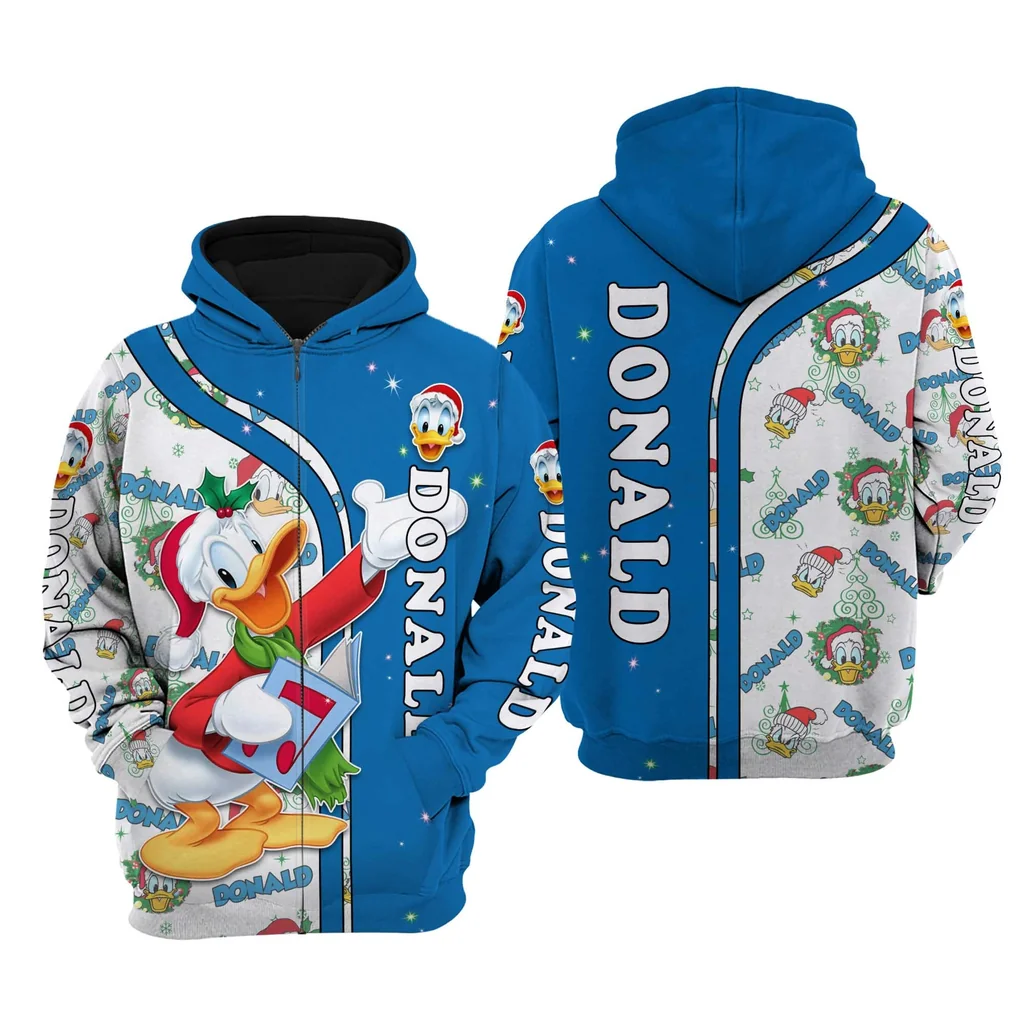 Festive Donald Duck 3d Hoodie With Santa Hat And Snowy Background