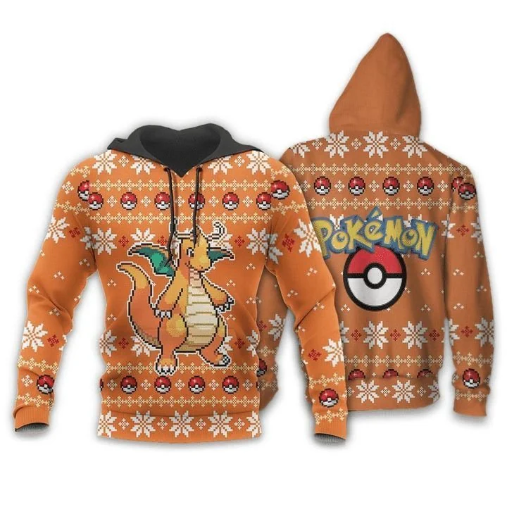 Festive Dragonite Pokemon 3d Hoodie With Snowflakes And Poké Balls