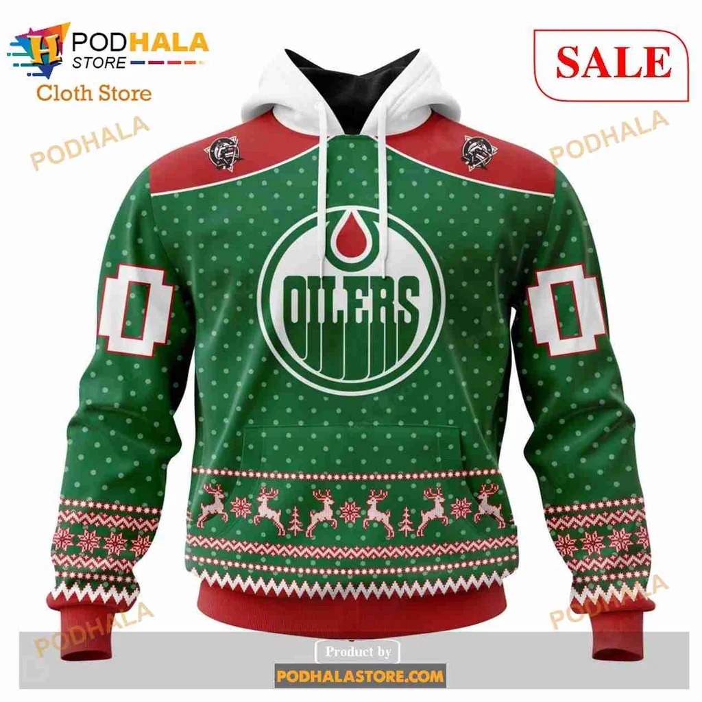 Festive Edmonton Oilers 3d Hoodie, Cheerful Holiday Design With Reindeer And Snowflakes
