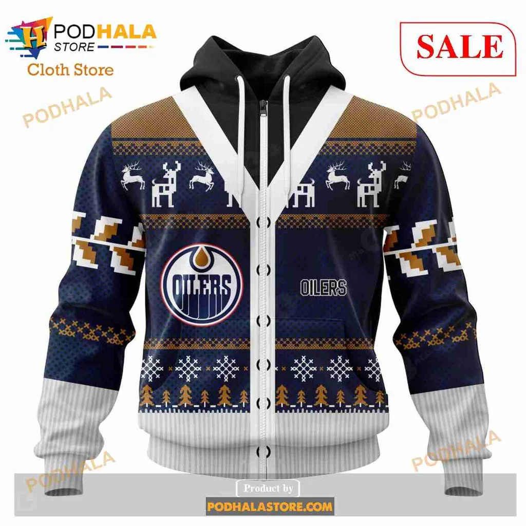 Festive Edmonton Oilers All Over Print Hoodie With Holiday Sweater Design Festive Edmonton Oilers All Over Print Hoodie With Holiday Sweater Design
