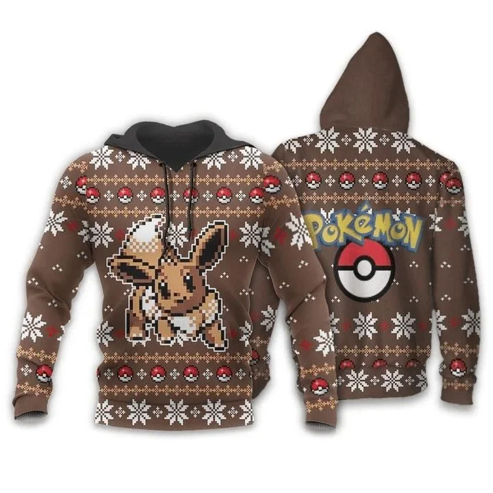 Festive Eevee Pokemon 3d Hoodie Featuring Christmas Snowflakes And Poké Balls