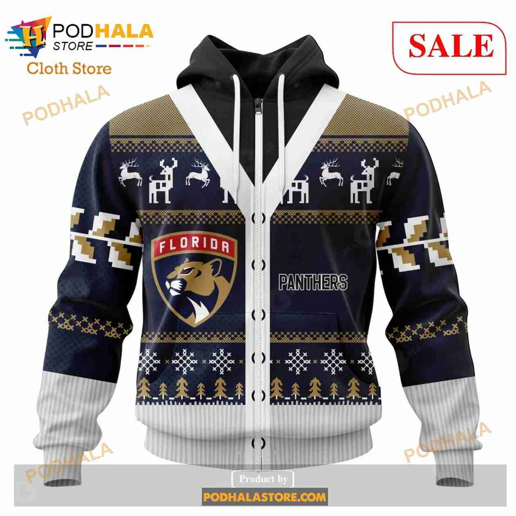 Festive Florida Panthers All Over Print Hoodie With Holiday Design Elements Festive Florida Panthers All Over Print Hoodie With Holiday Design Elements