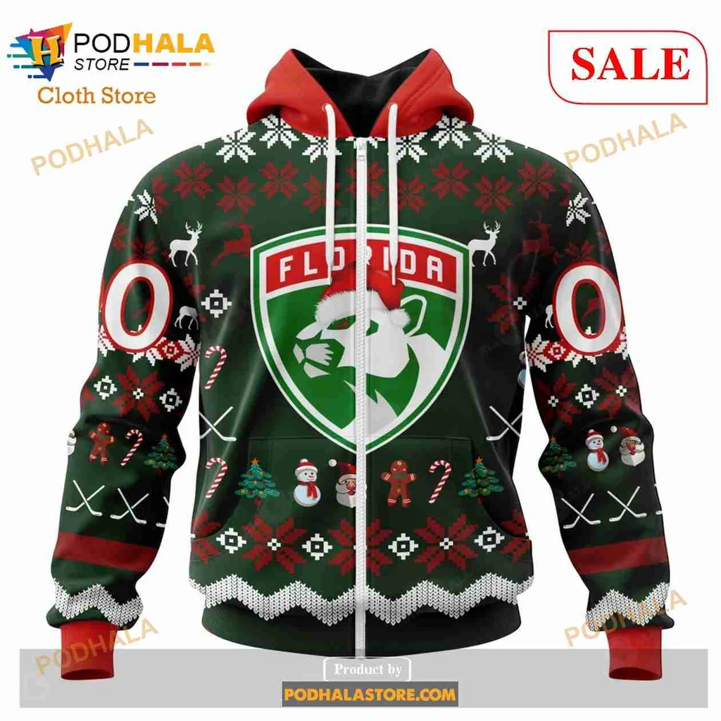 Festive Florida Panthers All Over Print Hoodie With Holiday Design Elements Festive Florida Panthers All Over Print Hoodie With Holiday Design Elements