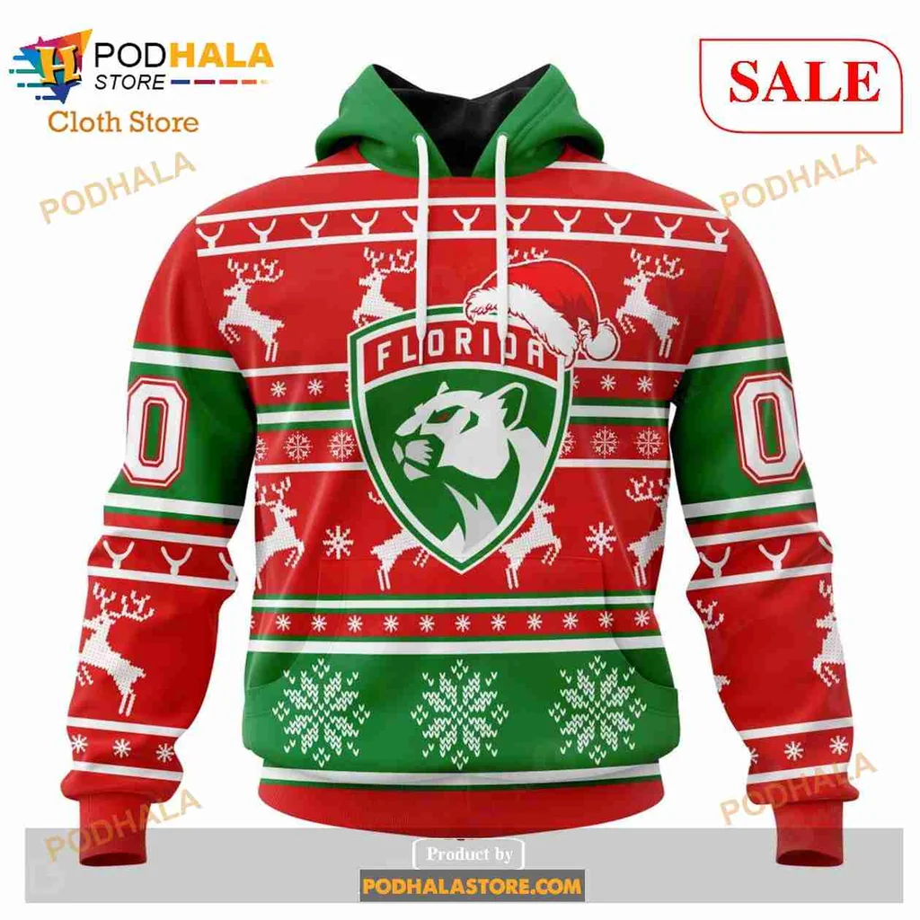 Festive Florida Panthers Holiday Hoodie With Santa Hat And Reindeer Design