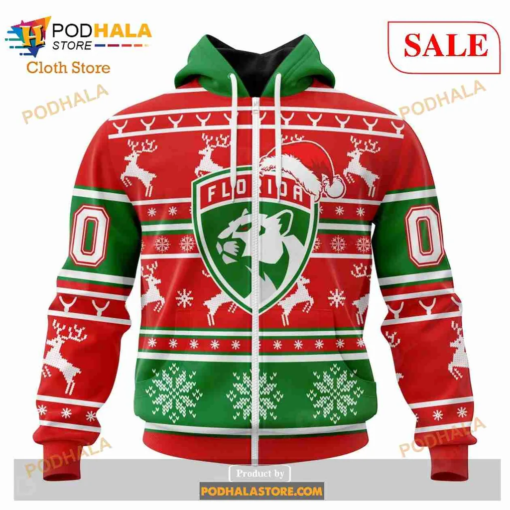 Festive Florida Panthers Holiday Hoodie With Santa Hat And Reindeer Design - View 1 Festive Florida Panthers Holiday Hoodie With Santa Hat And Reindeer Design - View 1