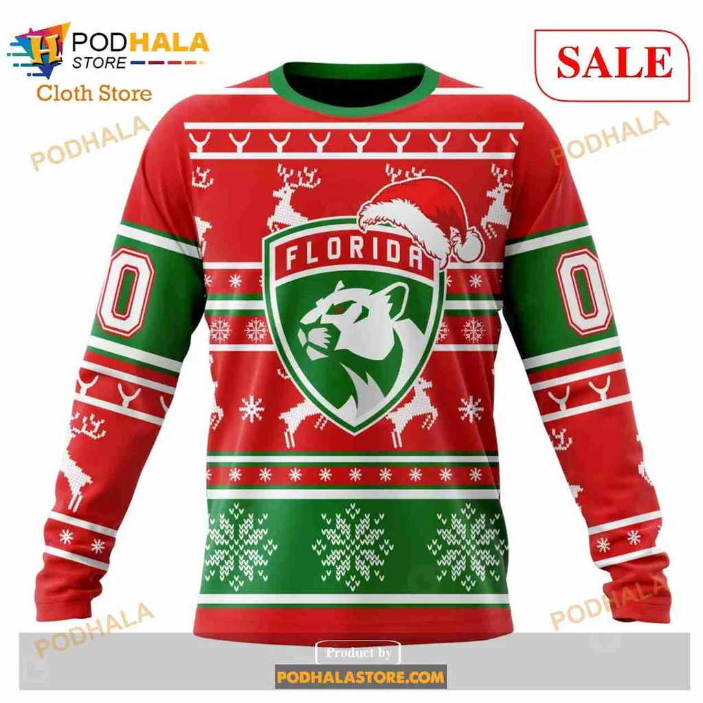 Festive Florida Panthers Holiday Hoodie With Santa Hat And Reindeer Design - View 3 Festive Florida Panthers Holiday Hoodie With Santa Hat And Reindeer Design - View 3