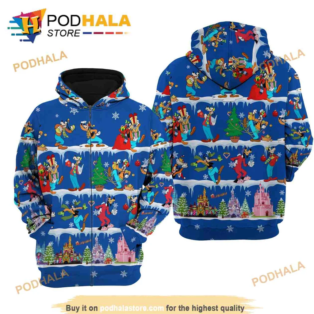 Festive Goofy Dog Disney 3d Hoodie Featuring Holiday Characters And Winter Scene