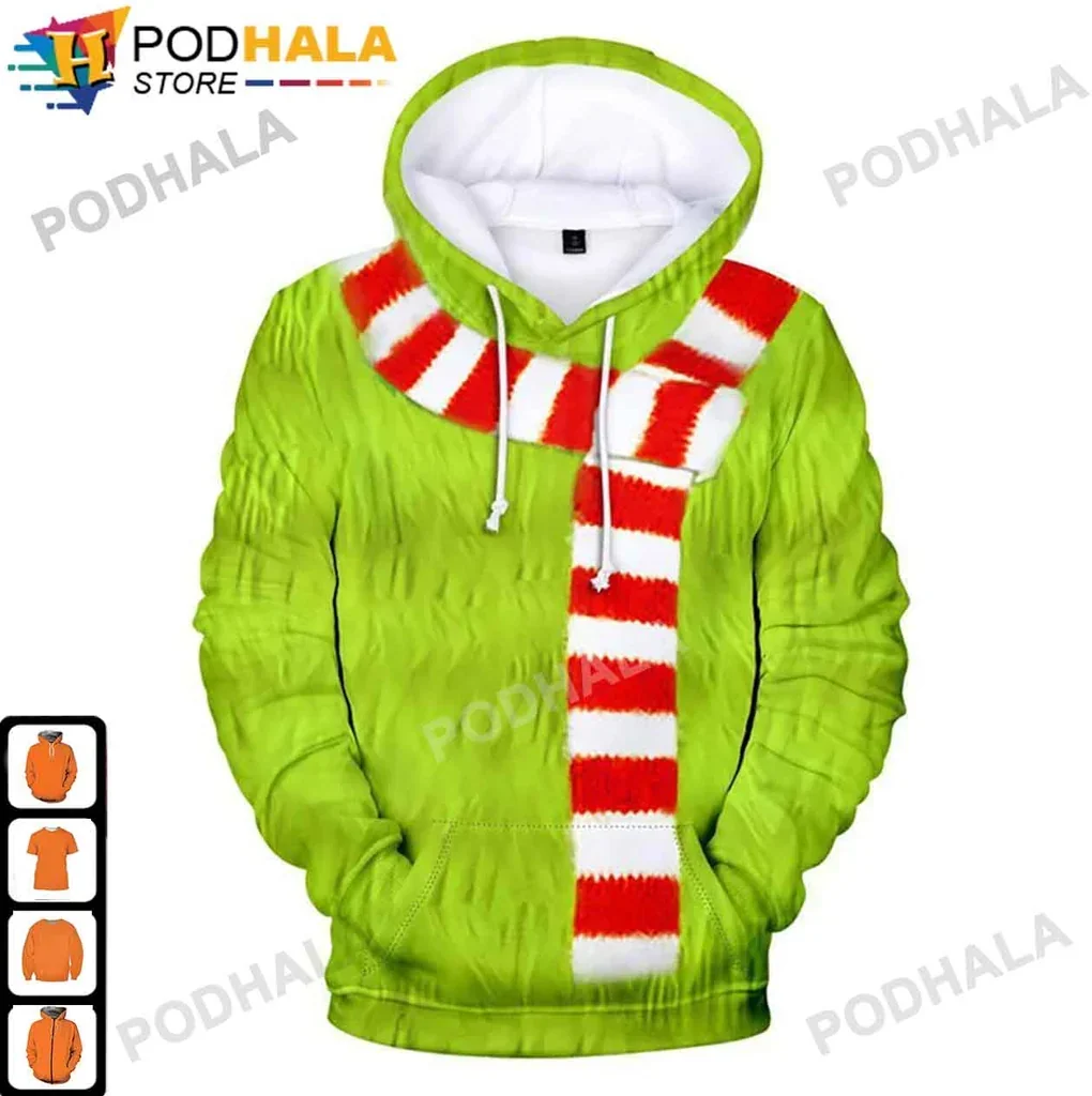 Festive Green Grinch 3d Hoodie With Red And White Striped Scarf