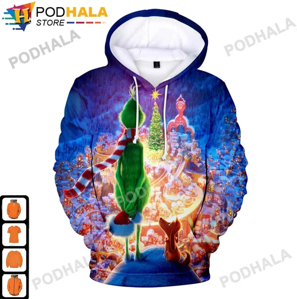 Festive Grinch Max 3d Hoodie With Colorful Village Scene Design