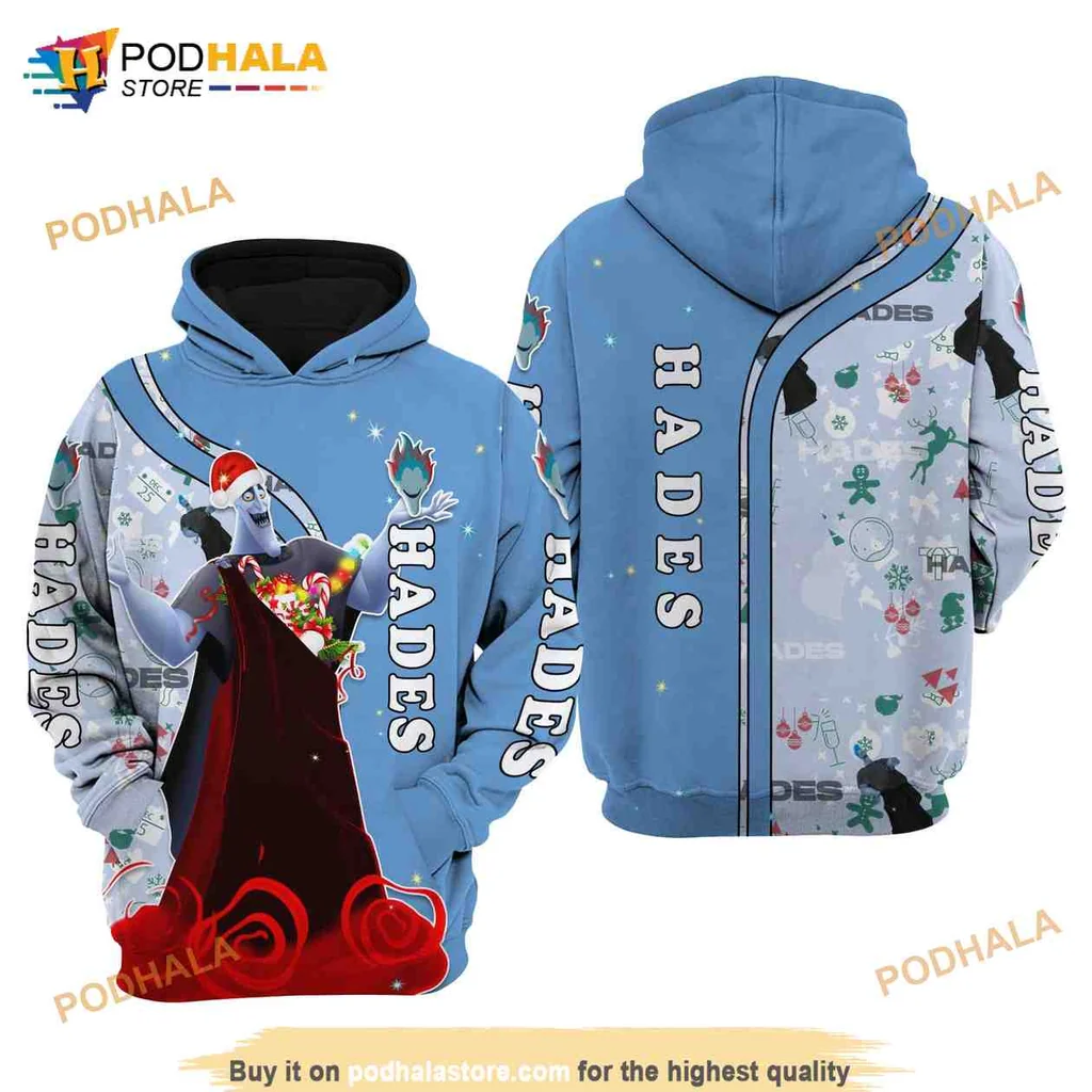 Festive Hades Character 3d Hoodie Featuring Fiery Blue Design And Holiday Elements