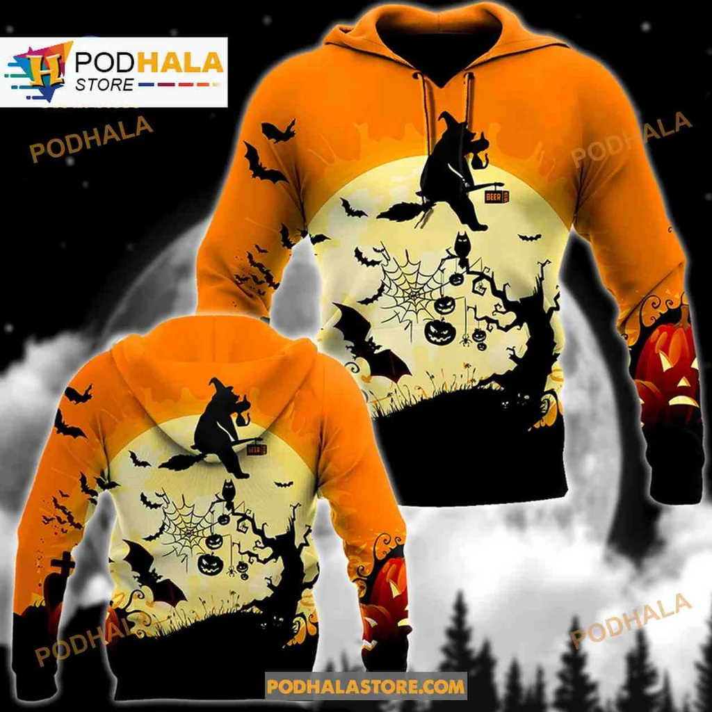 Festive Halloween Bear Witch 3d Hoodie With Spooky Moon And Bats