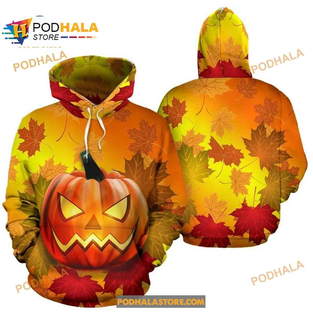 Festive Halloween Pumpkin 3d Hoodie With Colorful Autumn Leaves