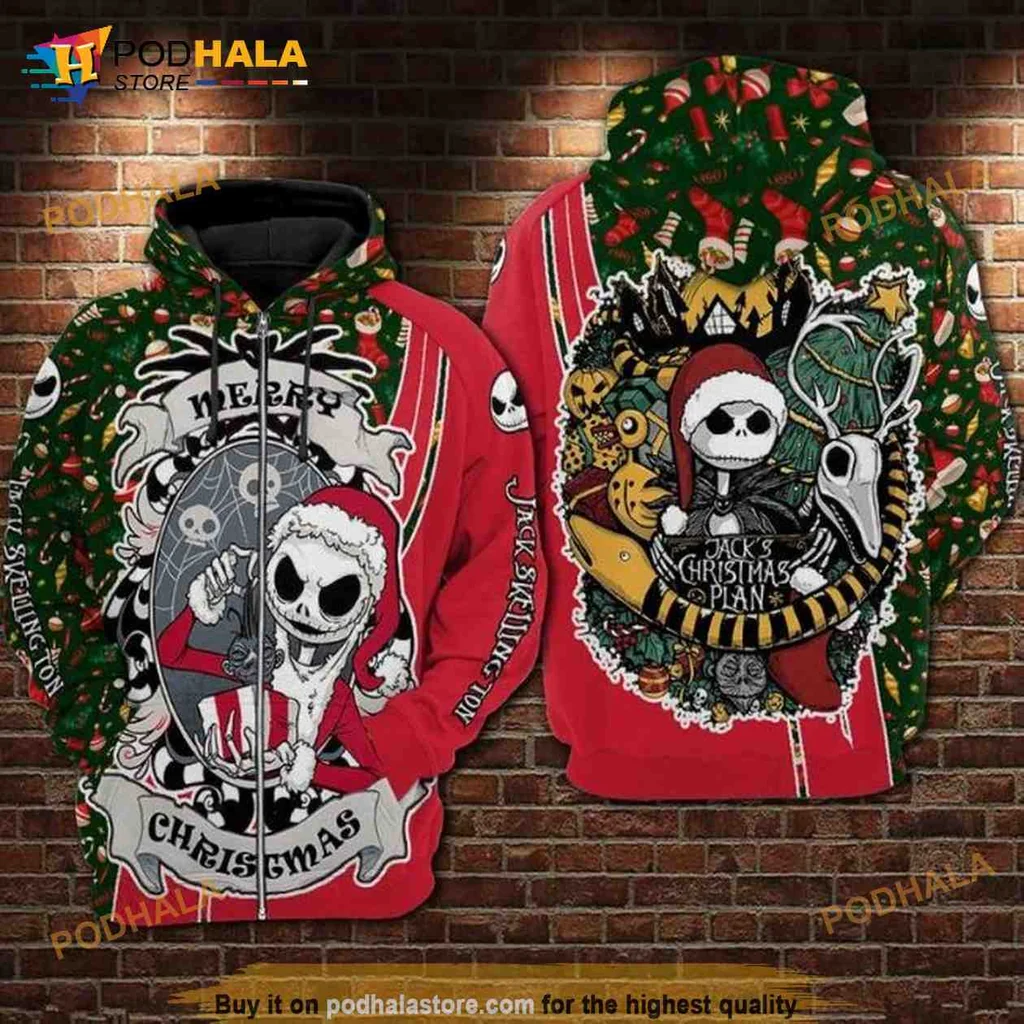Festive Jack Skellington 3d Hoodie With Santa Hat And Christmas Design