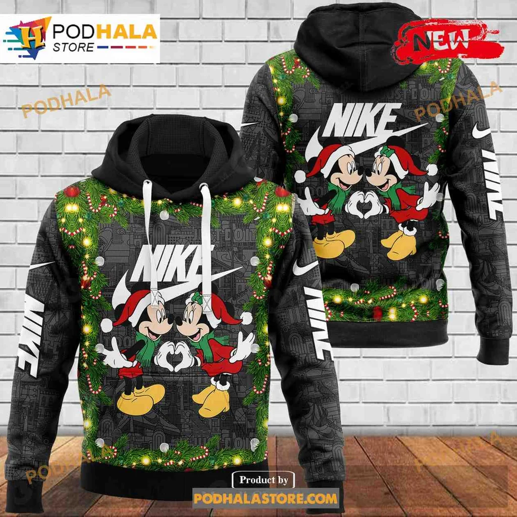 Festive Mickey And Minnie Mouse 3d Hoodie With Christmas Lights And Santa Hats