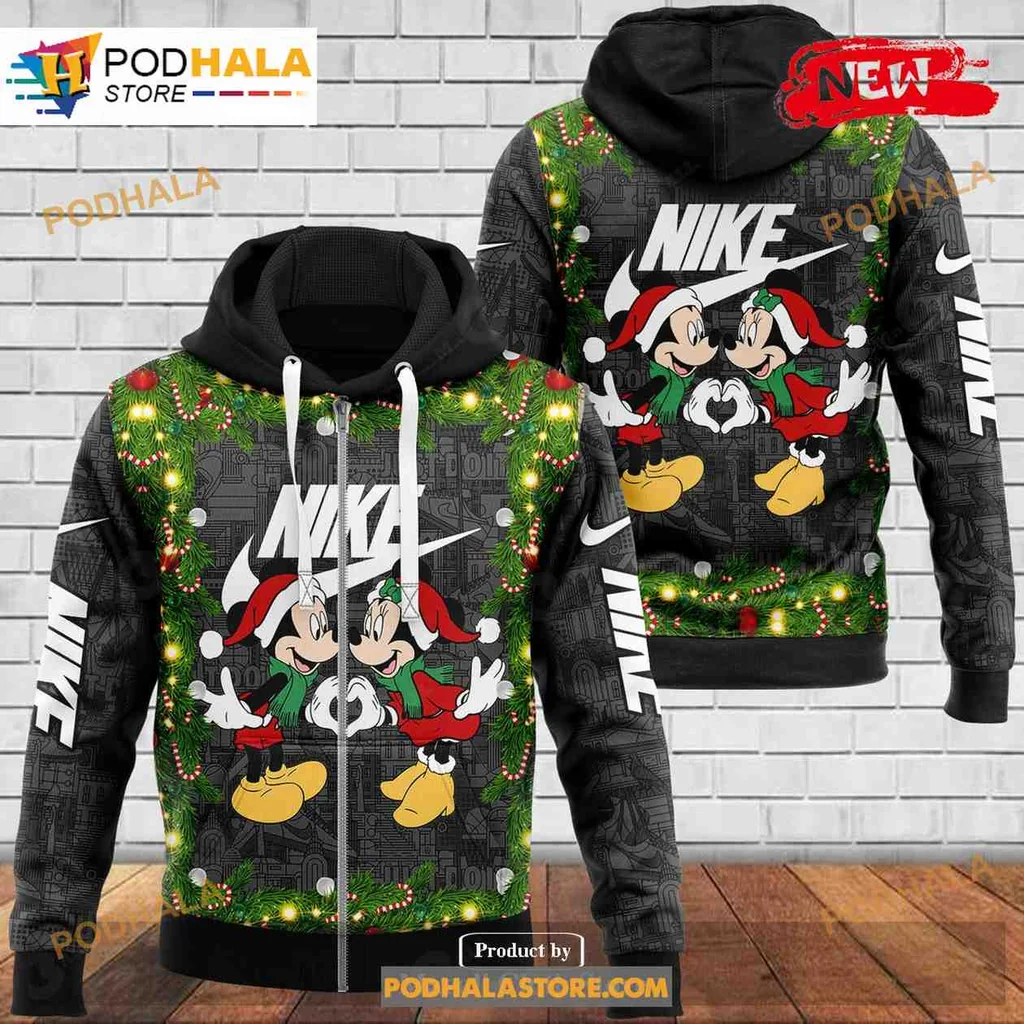 Festive Mickey And Minnie Mouse All Over Print Hoodie With Christmas Lights And Santa Hats Festive Mickey And Minnie Mouse All Over Print Hoodie With Christmas Lights And Santa Hats