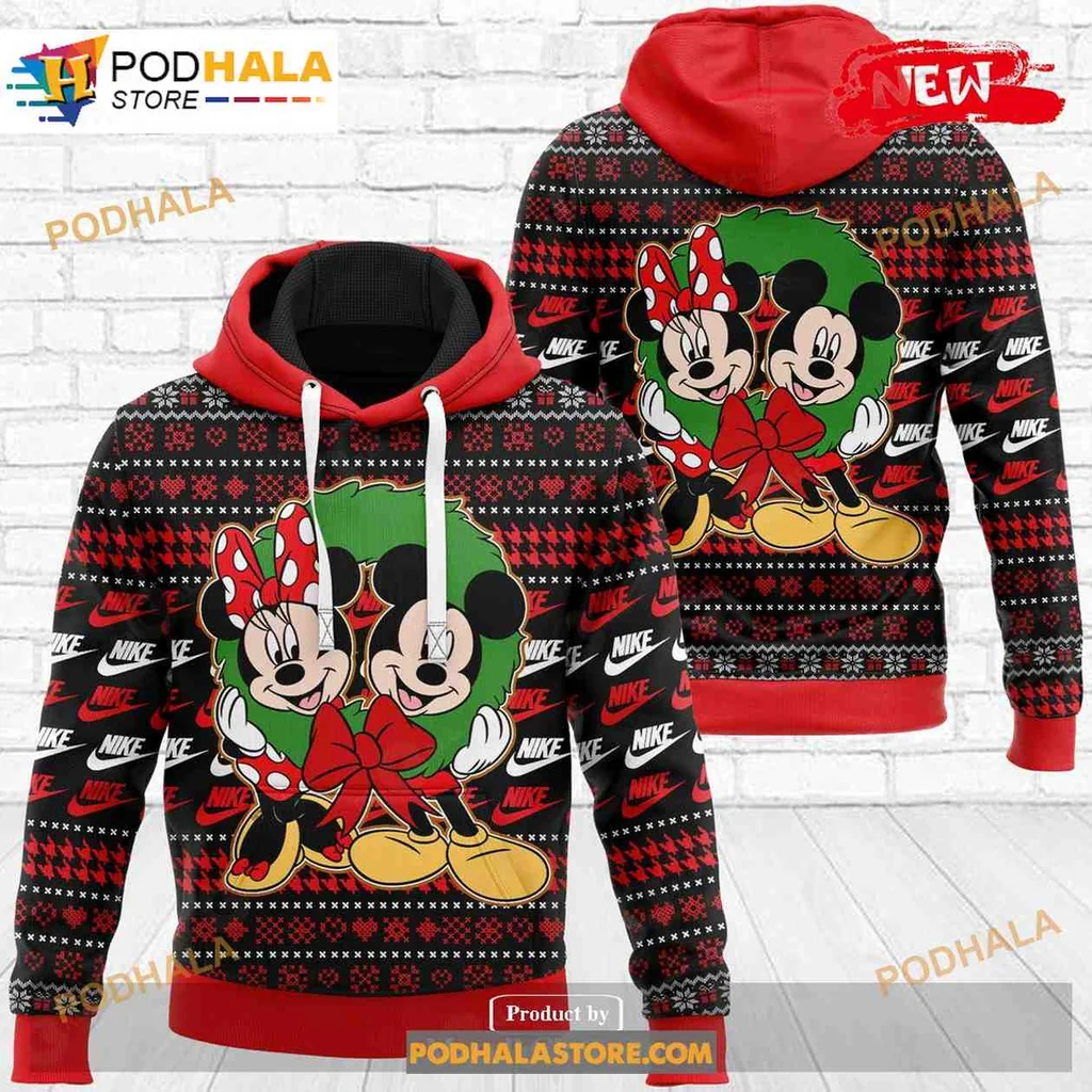 Festive Mickey And Minnie Mouse 3d Hoodie With Holiday Design And Nike Logos