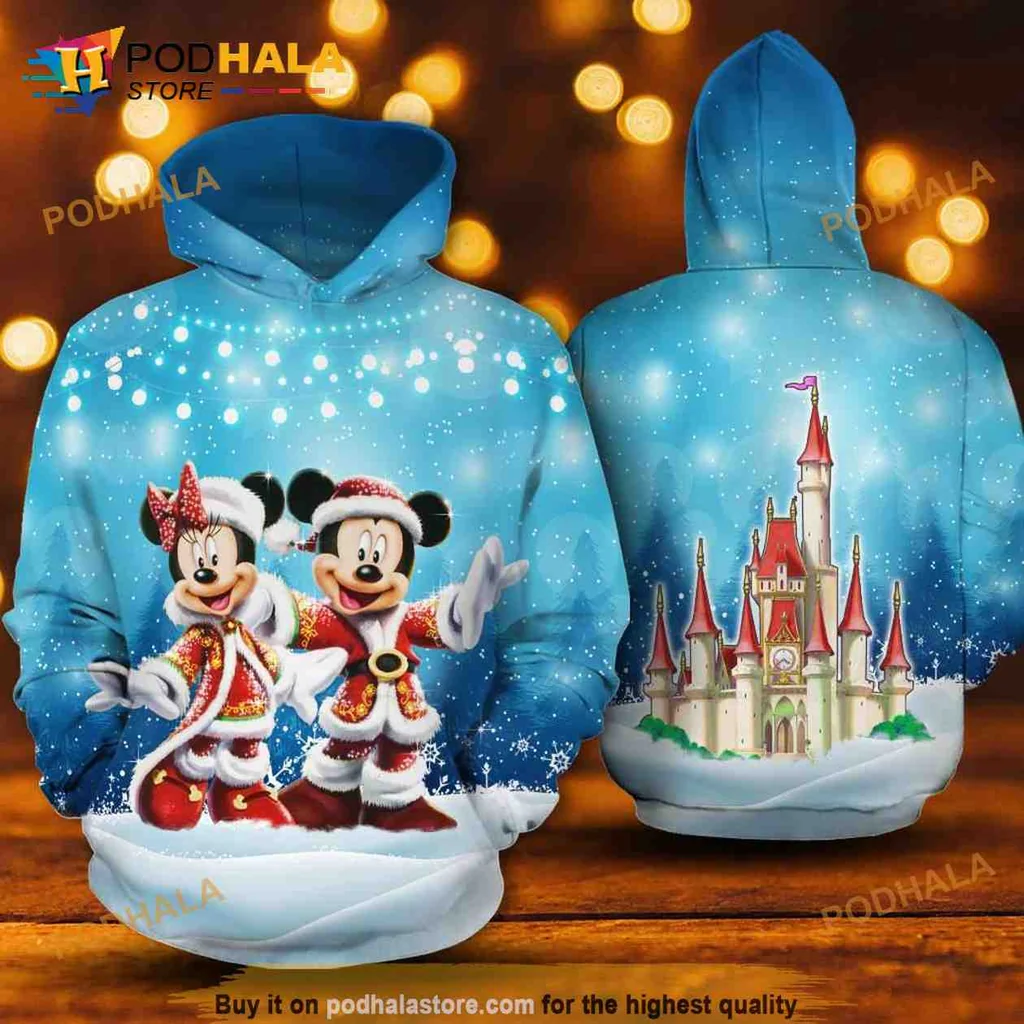Festive Mickey Minnie Christmas Hoodie With Snowy Winter Scene Design