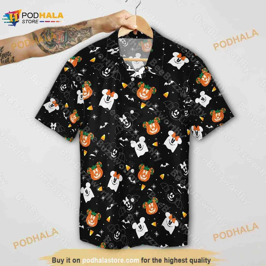 Festive Mickey Mouse Halloween Aloha Shirt With Pumpkins And Ghosts