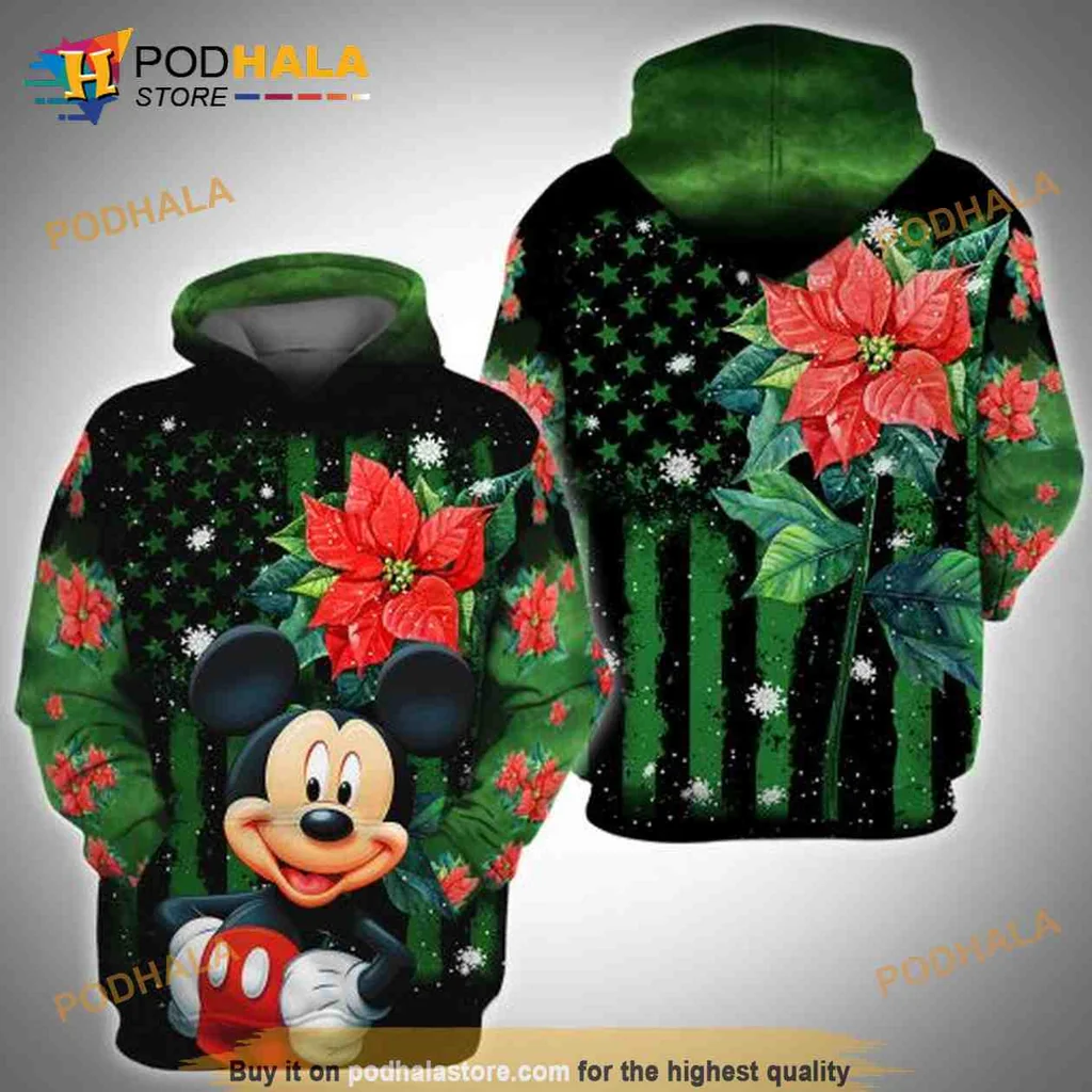 Festive Mickey Mouse Poinsettia 3d Hoodie With Cheerful Holiday Design