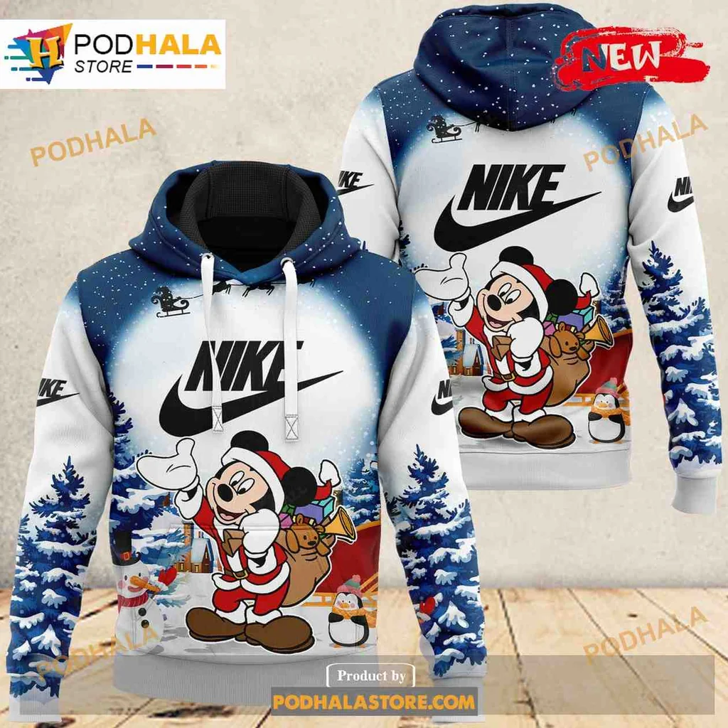 Festive Mickey Mouse Santa Claus 3d Hoodie With Nike Logo And Reindeer Design