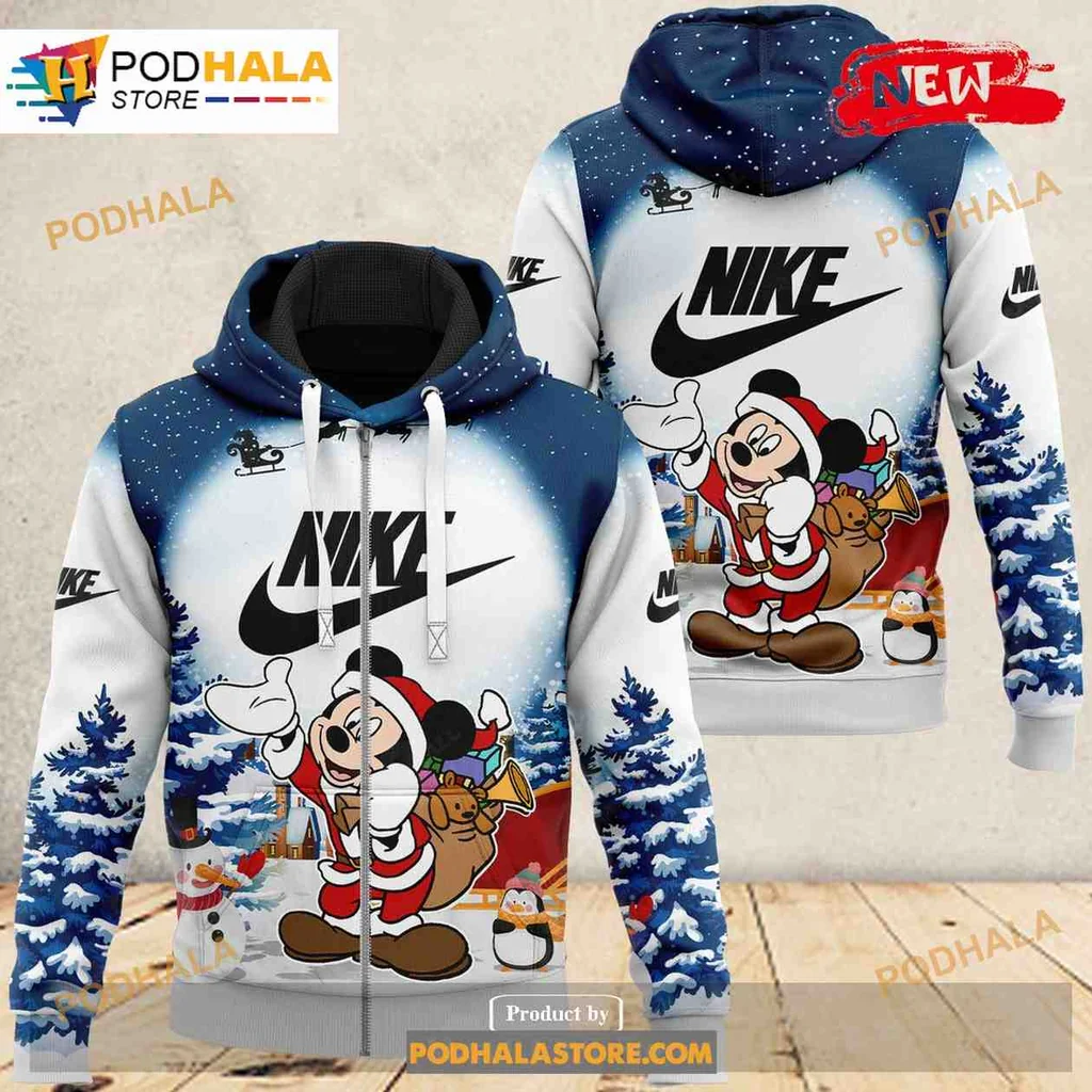 Festive Mickey Mouse Santa Claus All Over Print Hoodie With Nike Logo And Reindeer Design Festive Mickey Mouse Santa Claus All Over Print Hoodie With Nike Logo And Reindeer Design
