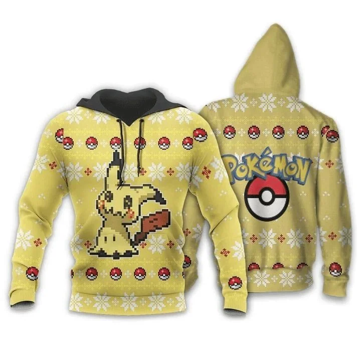 Festive Mimikyu Pokemon 3d Hoodie With Snowflakes And Poké Ball Design