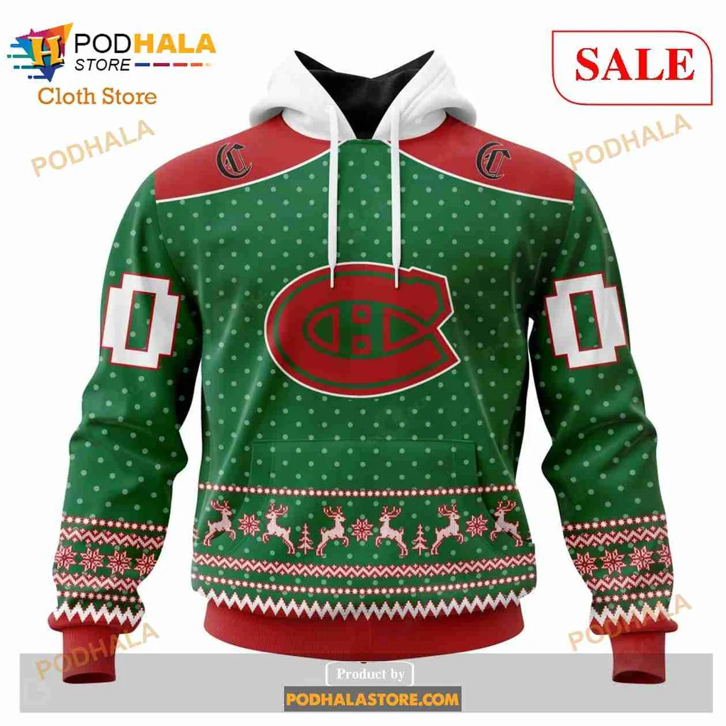 Festive Montreal Canadiens 3d Hoodie, Cheerful Holiday Design With Reindeer And Snowflakes