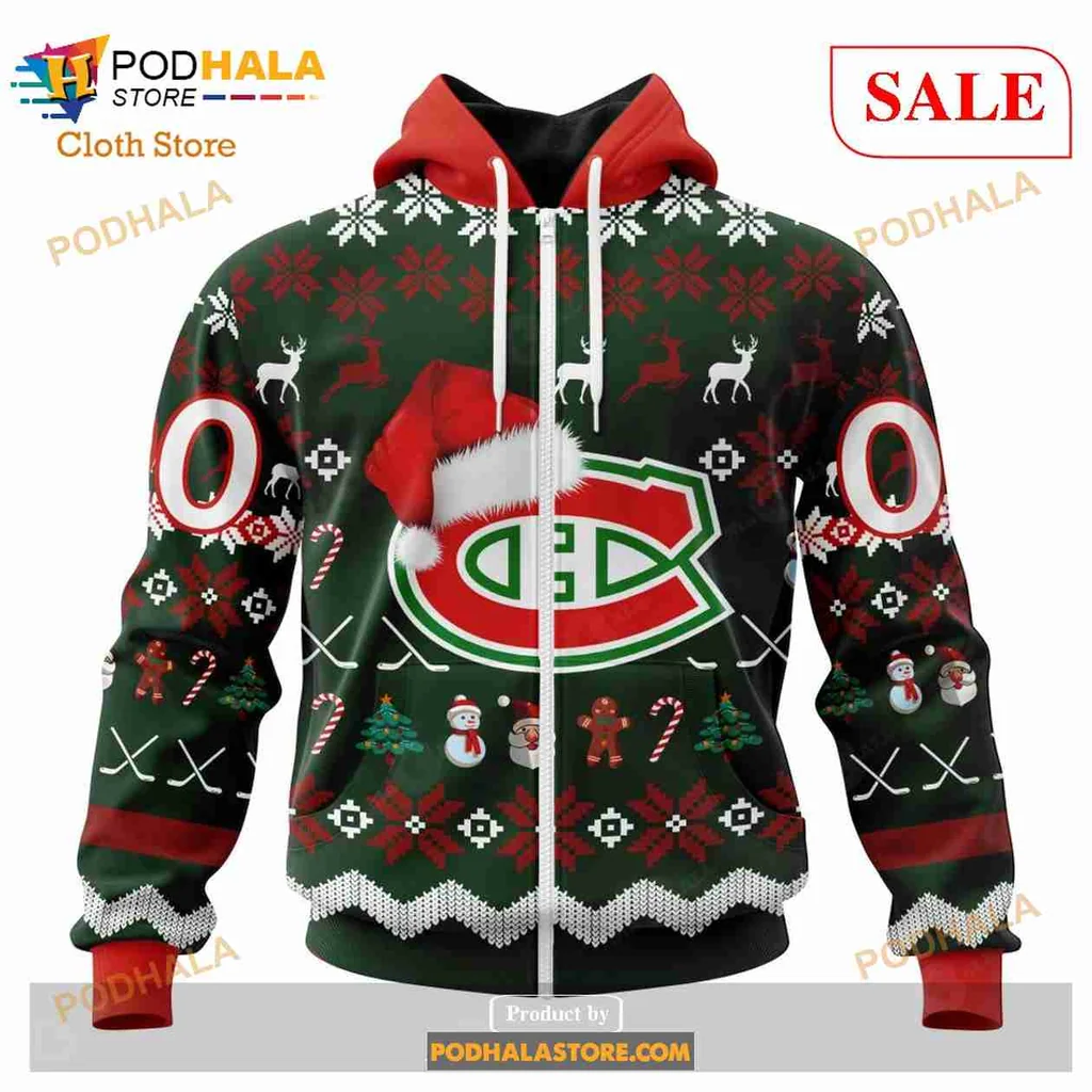Festive Montreal Canadiens All Over Print Hoodie With Christmas Elements And Logo Festive Montreal Canadiens All Over Print Hoodie With Christmas Elements And Logo