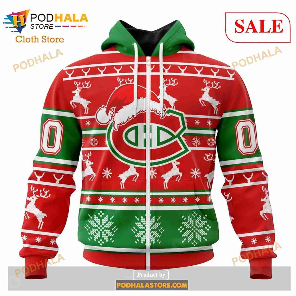Festive Montreal Canadiens All Over Print Hoodie With Santa Hat And Christmas Motifs Festive Montreal Canadiens All Over Print Hoodie With Santa Hat And Christmas Motifs