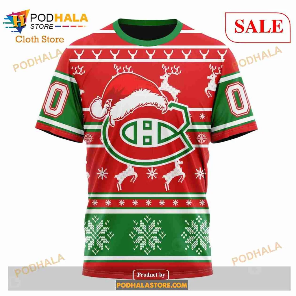 Festive Montreal Canadiens 3d Hoodie With Santa Hat And Christmas Motifs - Product View 6 Festive Montreal Canadiens 3d Hoodie With Santa Hat And Christmas Motifs - Product View 6
