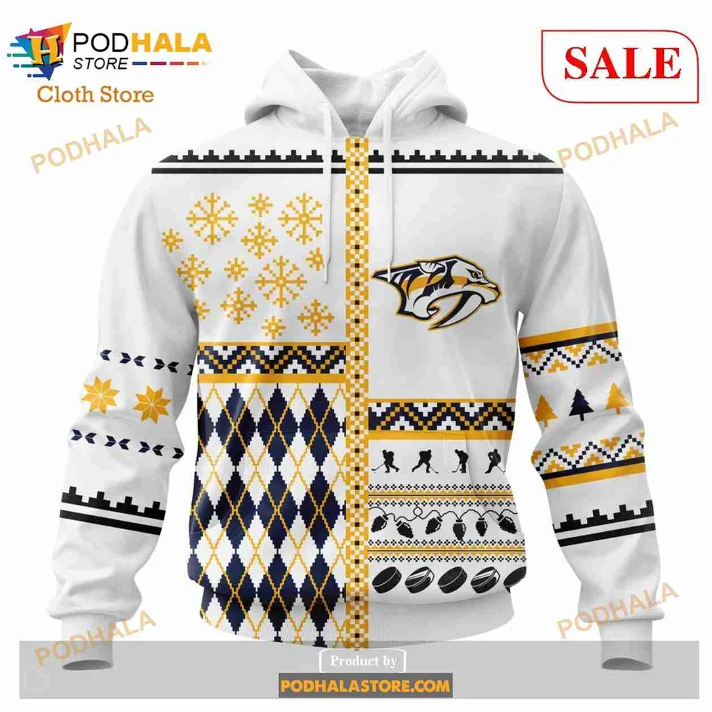 Festive Nashville Predators Geometric 3d Hoodie With Holiday Patterns
