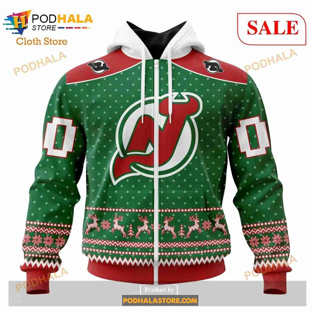 Festive New Jersey Devils All Over Print Hoodie With Holiday Snowflakes And Reindeer Festive New Jersey Devils All Over Print Hoodie With Holiday Snowflakes And Reindeer