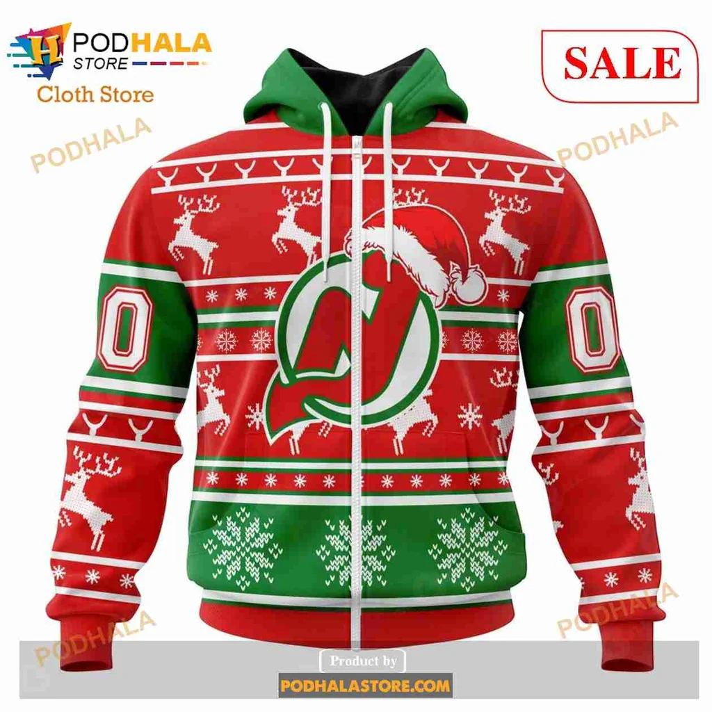 Festive New Jersey Devils All Over Print Hoodie With Santa Hat And Reindeer Design Festive New Jersey Devils All Over Print Hoodie With Santa Hat And Reindeer Design