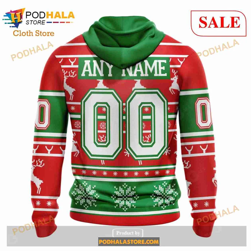 Festive New Jersey Devils AOP Hoodie With Santa Hat And Reindeer Design Festive New Jersey Devils AOP Hoodie With Santa Hat And Reindeer Design