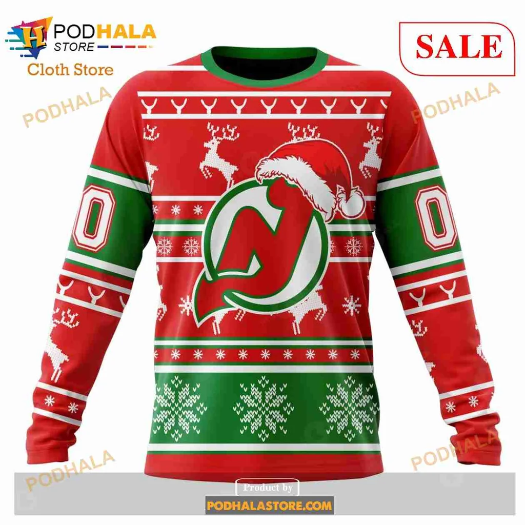 Festive New Jersey Devils 3D Print Hoodie With Santa Hat And Reindeer Design Festive New Jersey Devils 3D Print Hoodie With Santa Hat And Reindeer Design