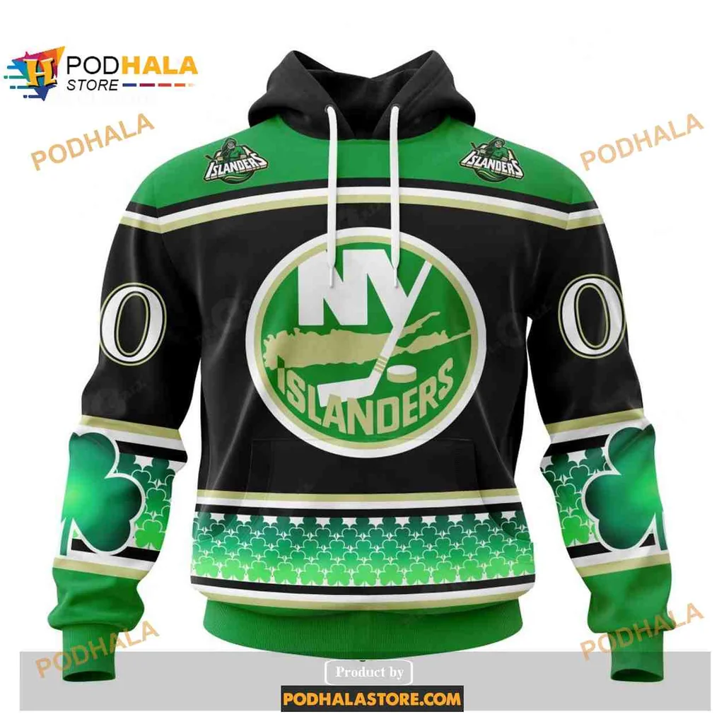 Festive New York Islanders 3d Hoodie With Shamrock Design And Bold Logo