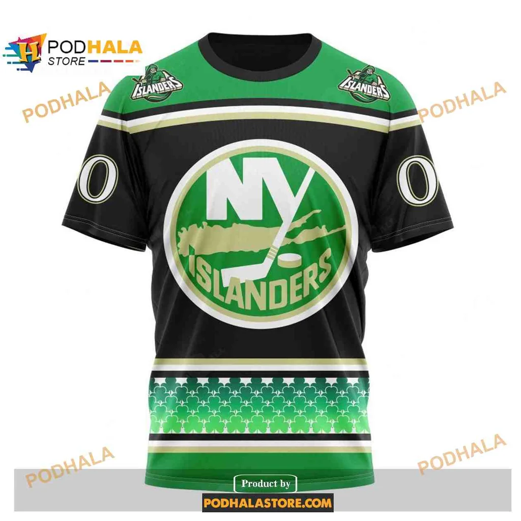 Festive New York Islanders AOP Hoodie With Shamrock Design And Bold Logo Festive New York Islanders AOP Hoodie With Shamrock Design And Bold Logo
