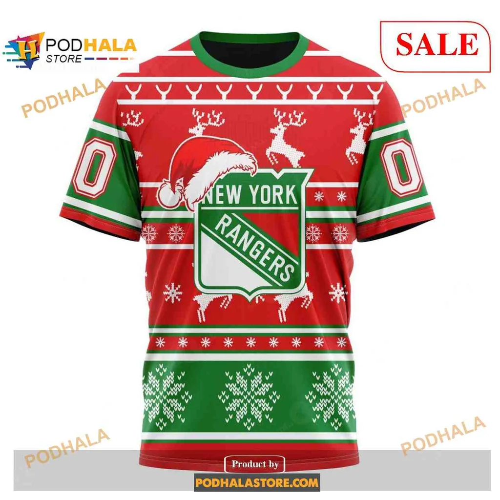 Festive New York Rangers Hoodie, Cheerful 3d Design With Snowflakes - View 2 Festive New York Rangers Hoodie, Cheerful 3d Design With Snowflakes - View 2