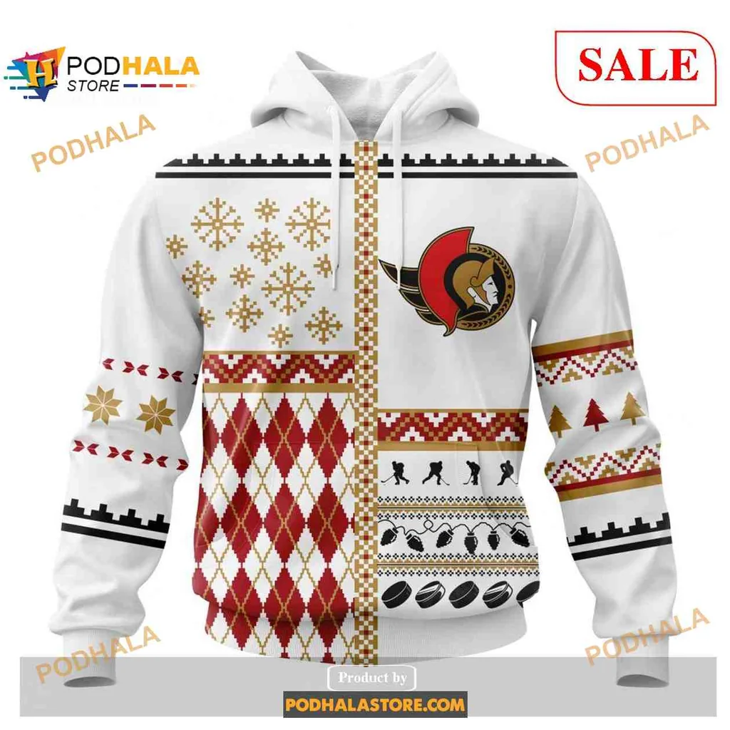 Festive Ottawa Senators 3d Hoodie With Holiday Design Featuring Team Logo
