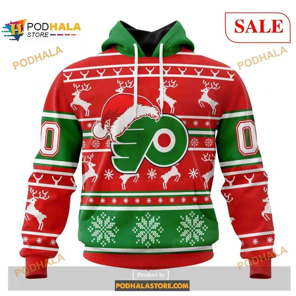 Festive Philadelphia Flyers Reindeer Hoodie With Santa Hat And Christmas Design