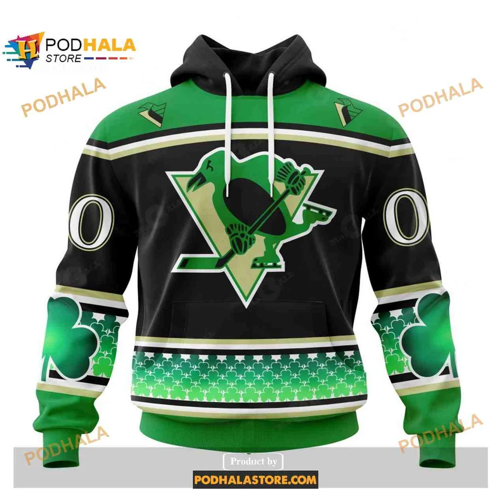 Festive Pittsburgh Penguins Hockey 3d Hoodie With Shamrock Design