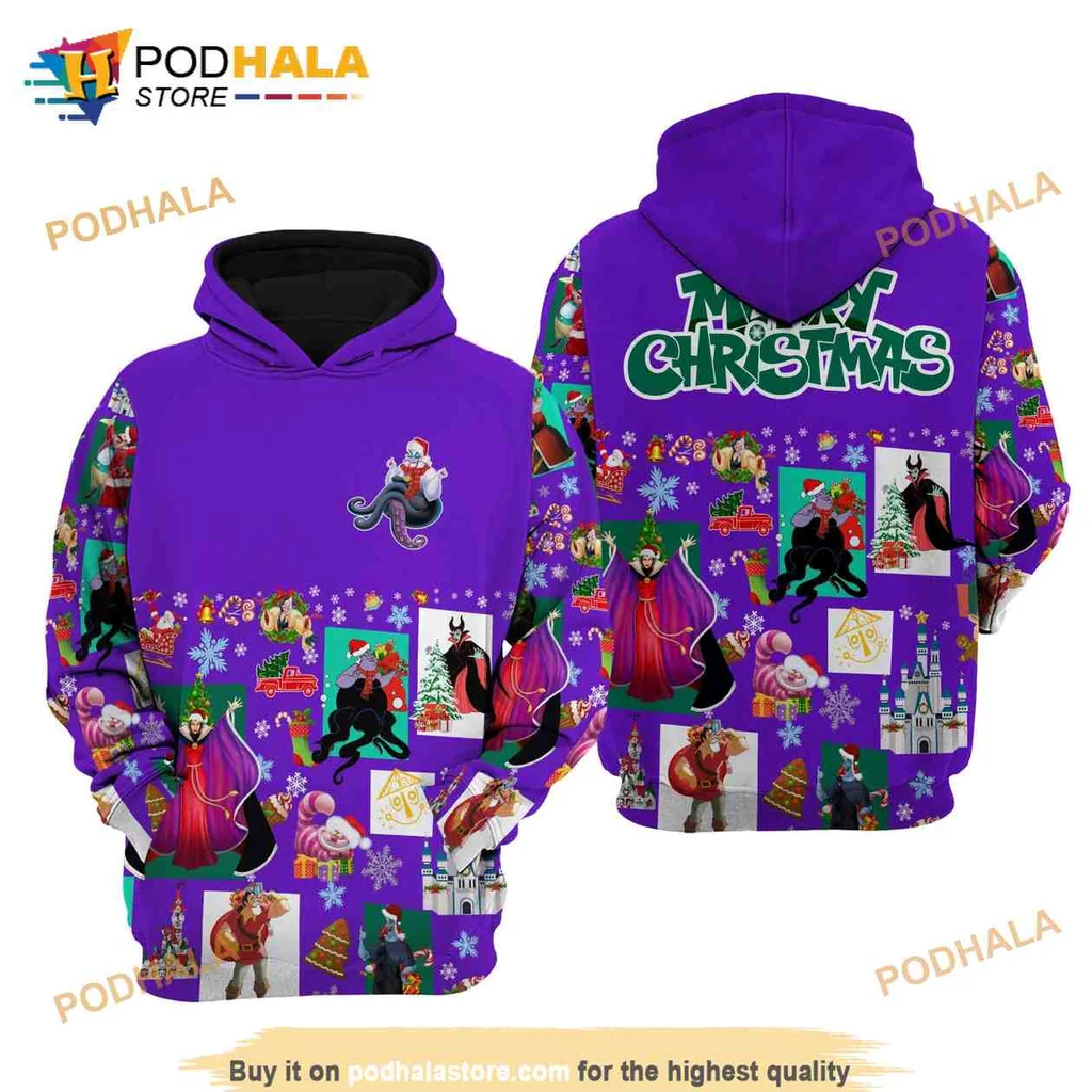 Festive Purple Disney Villain 3d Hoodie With Whimsical Christmas Graphics