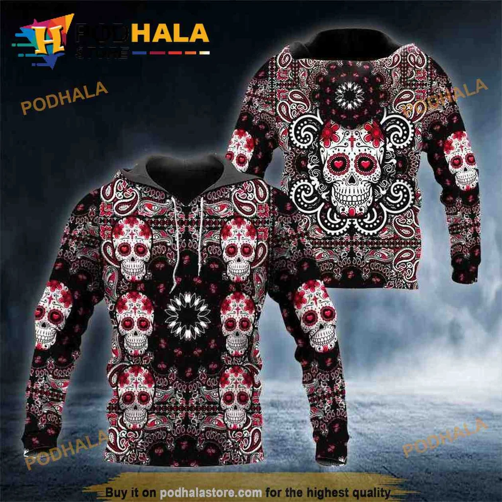 Festive Red Skull Floral 3d Hoodie With Edgy Holiday Design