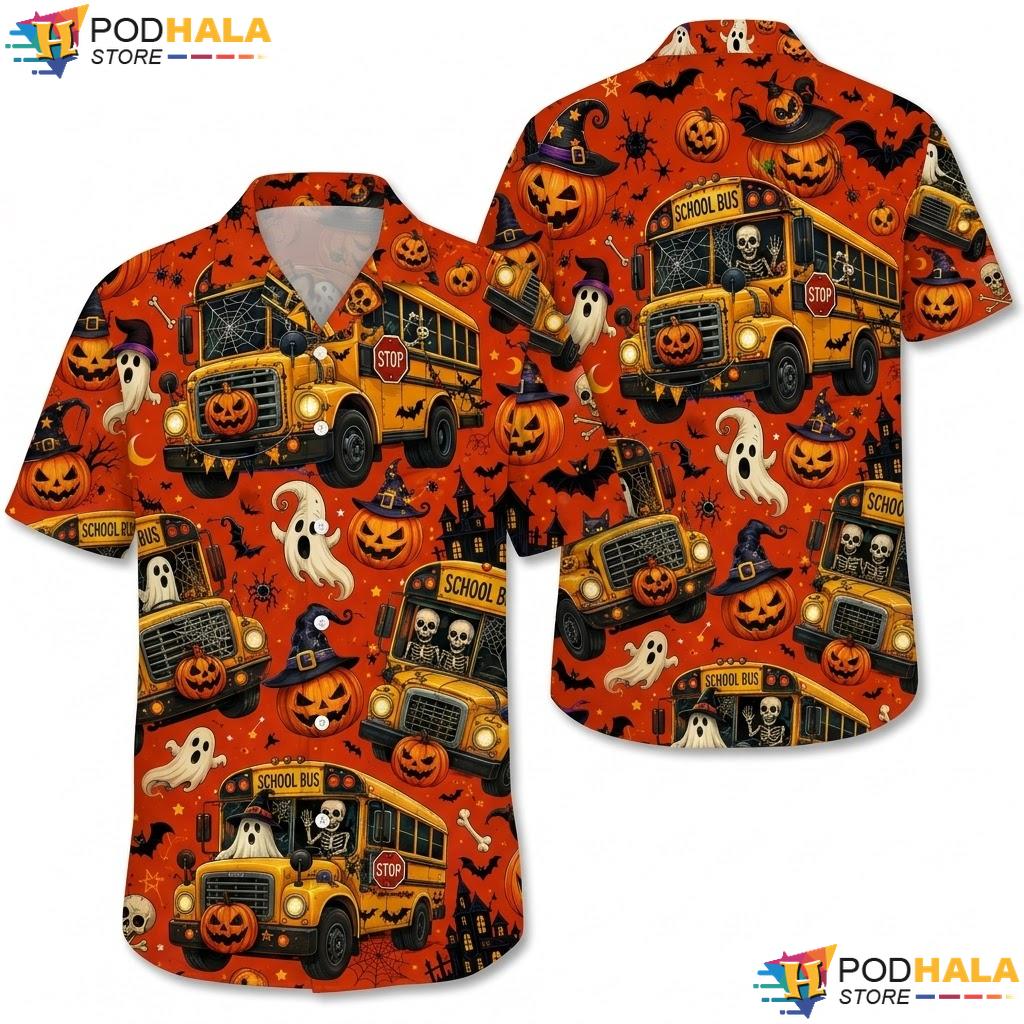 Festive School Bus Aloha Shirt Vibrant Halloween Pattern Mens Apparel