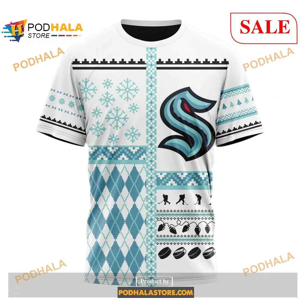 Festive Seattle Kraken AOP Hoodie With Winter Graphics And Logo Festive Seattle Kraken AOP Hoodie With Winter Graphics And Logo