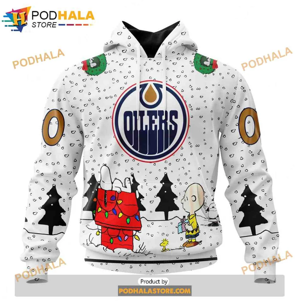 Festive Snoopy Edmonton Oilers 3d Hoodie With Christmas Lights And Charlie Brown