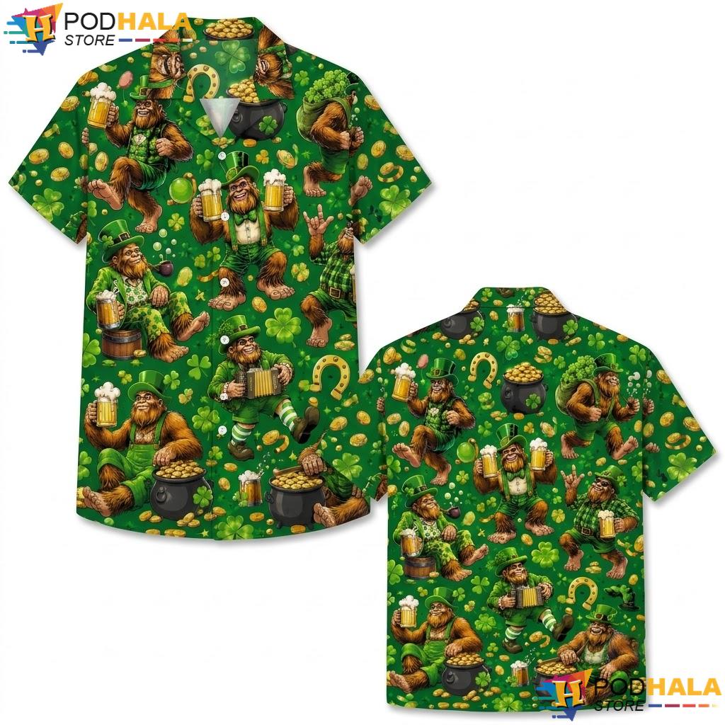 Festive St Patricks Bigfoot Hawaiian Shirt Playful Mens Holiday Top