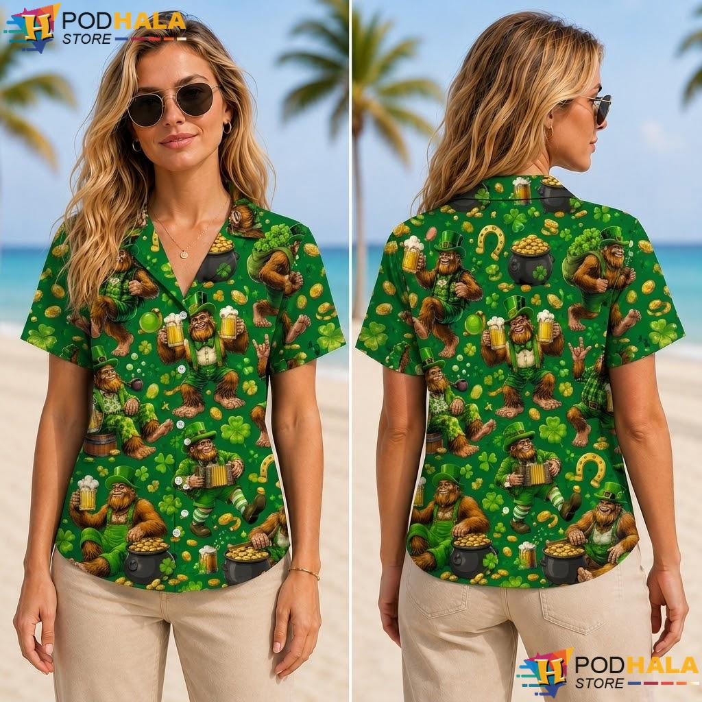 Festive St Patricks Bigfoot Aloha Shirt Playful Mens Holiday Top Festive St Patricks Bigfoot Aloha Shirt Playful Mens Holiday Top