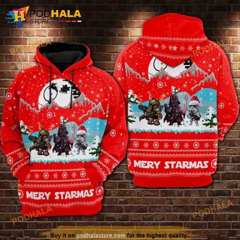 Festive Star Wars Merry Starmas 3d Hoodie With Holiday Characters