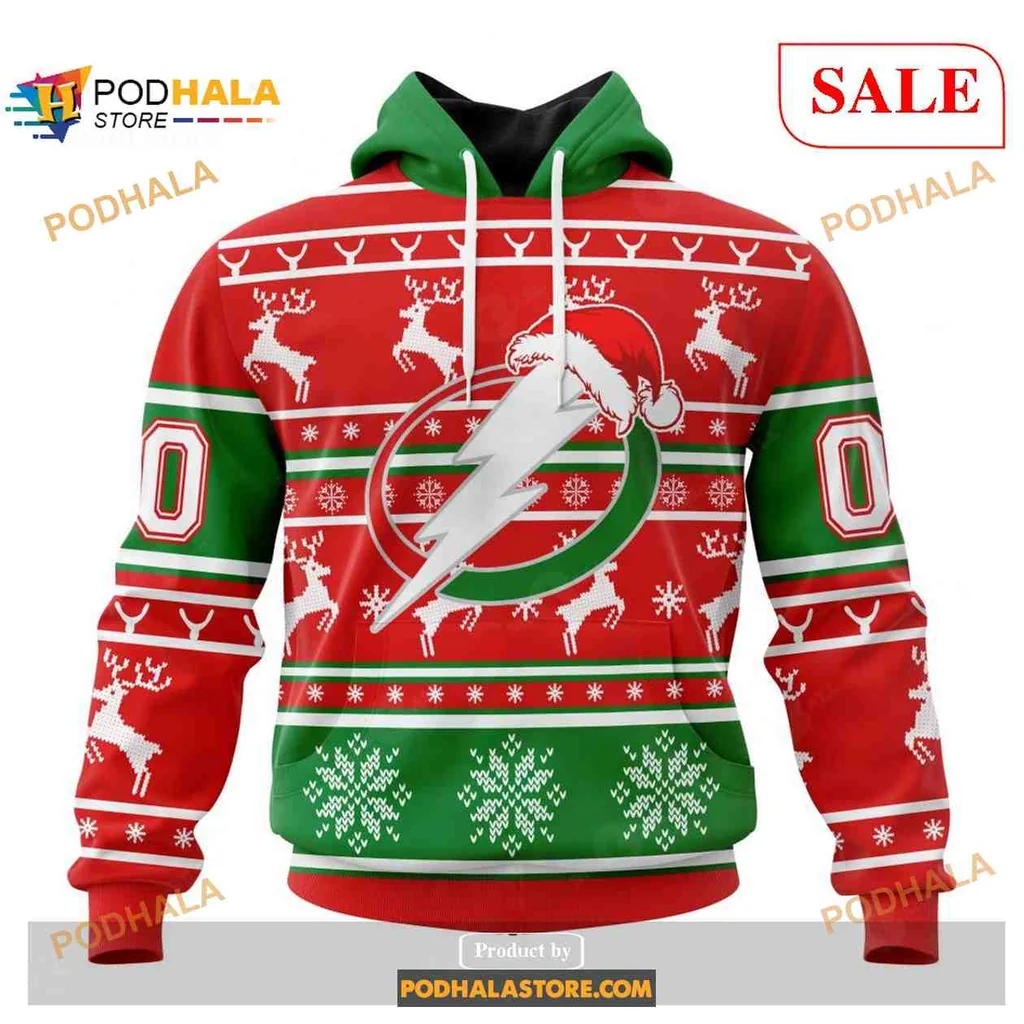 Festive Tampa Bay Lightning Hoodie With Santa Hat And Reindeer Design
